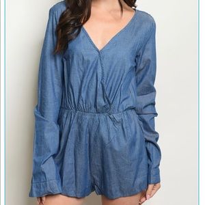 LONG SLEEVE CHAMBRAY ROMPERS W CROCHET DETAIL BACK